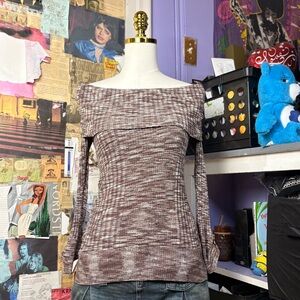 Y2K Brown Ribbed Off-Shoulder Knit Top